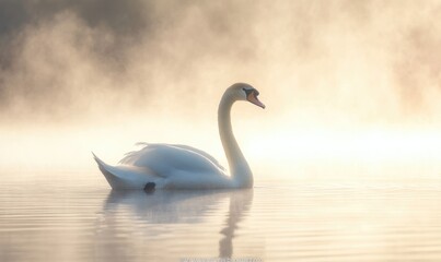 Fototapeta premium Graceful white swan floating on a misty lake, soft morning light illuminating the scene