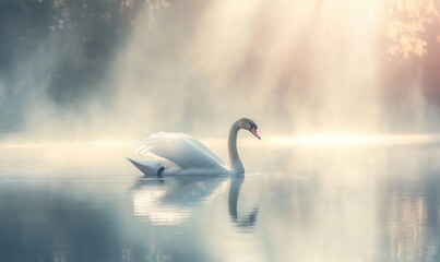 Graceful white swan floating on a misty lake, soft morning light illuminating the scene