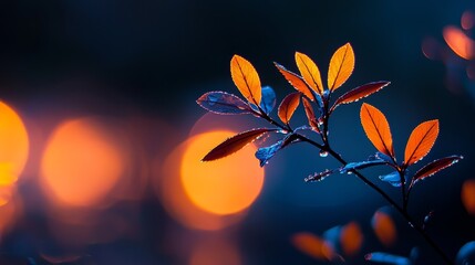 Orangе and blue leaves in the foreground, softly blurred lights behind
