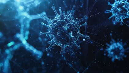 Stylized virus structure highlighting the intricate design and influence of nano technology in modern science and medicine.