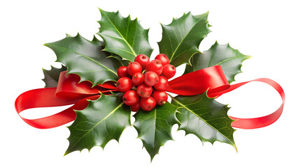 Bunch of Christmas Holly Branches Tied with a Red Bow, isolated on white transparent background, png element. Christmas holly decorations Ideal for holiday designs.