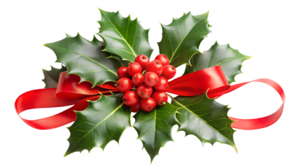 Bunch of Christmas Holly Branches Tied with a Red Bow, isolated on white transparent background, png element. Christmas holly decorations Ideal for holiday designs.