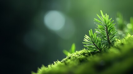  A tight shot of a tiny pine tree against a mossy foreground, framed by soft, out-of-focus light in the back