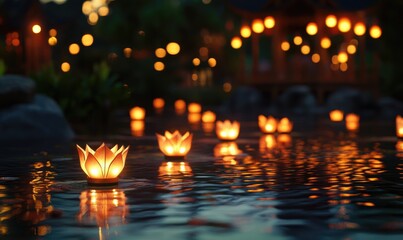 Obraz premium Lanterns glowing brightly on a still pond
