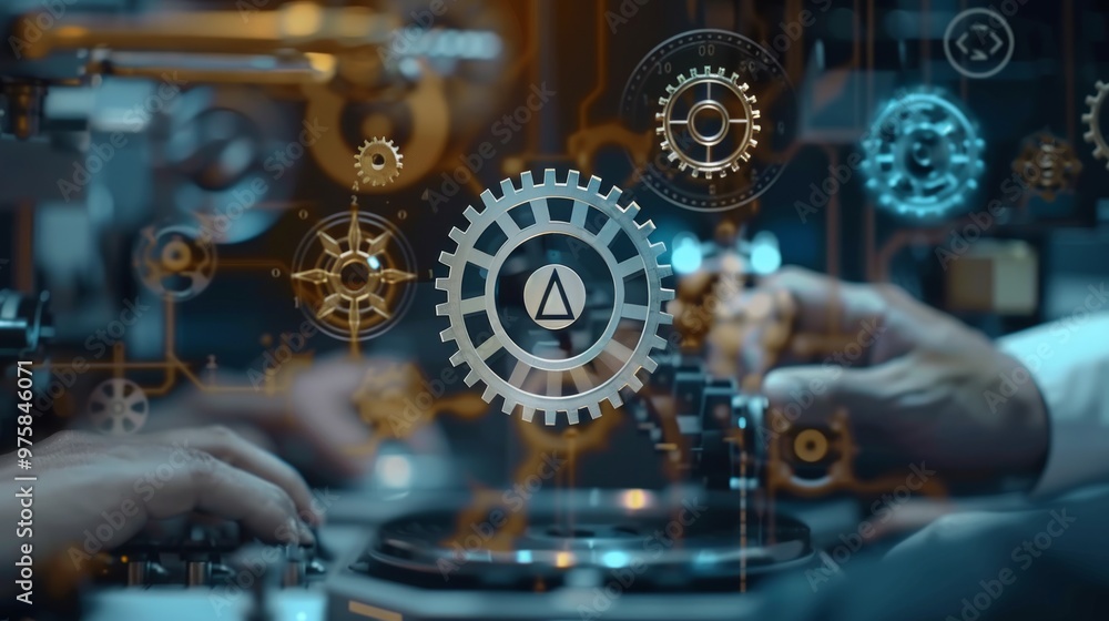 Poster close-up of automated machine processes with digital holographic interfaces in an industrial setting