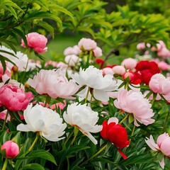 Spring backgroung flowering peonies flowers and leaves