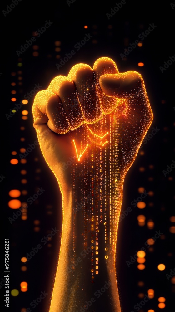 Poster hand forming a v sign amidst flowing digital binary code and vibrant orange lights