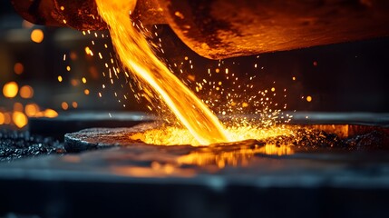 Molten metal being poured into a mold, creating sparks and a dramatic scene of industrial process.