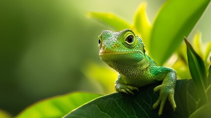  A tight shot of a green lizard perched on a branch, adorned with green leaves Background subtly blurred with similar hue
