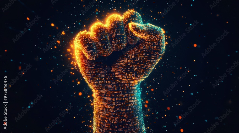 Poster Glowing Digital Fist Symbolizing Power and Unity Against a Dark Backdrop With Vibrant Particles