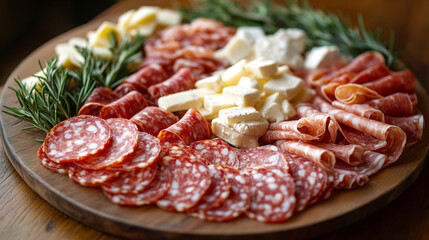 Obraz premium Wooden tray with various meats and sausages, pieces of cheese.
