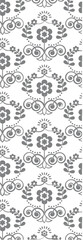 A decorative pattern featuring floral motifs and swirling designs in gray tones on a white background.