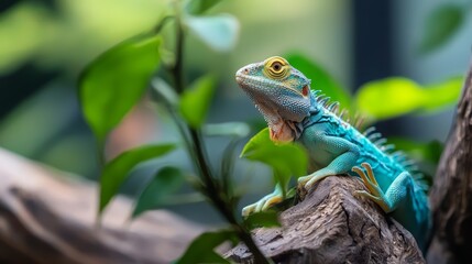 Fototapeta premium A tight shot of a lizard perched on a tree branch, surrounded by an indistinct backdrop of leaves and branches