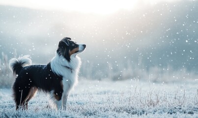 Scottish Sheepdog standing in a snowy landscape