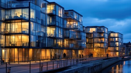 Modern Glass Apartments by the Water at Dusk