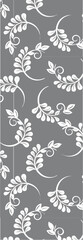 A decorative pattern featuring swirling vines and leaves in white against a gray background, suitable for wallpaper or fabric design.