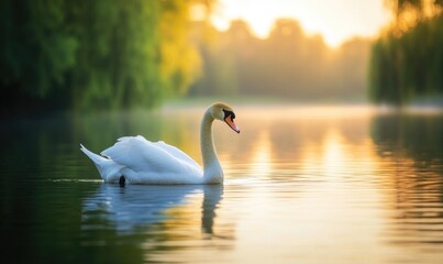 Fototapeta premium Serene white swan drifting on still water, gentle reflections shimmering in the evening light