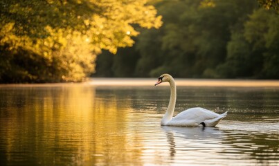 Serene white swan drifting on still water, gentle reflections shimmering in the evening light