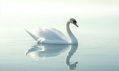 Fototapeta premium Serene white swan floating on calm water, soft morning light casting golden reflections