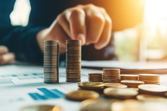 Stacked coins on financial documents in sunlight