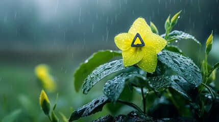  A yellow bloom, sporting a triangular center, atop a verdant plant, amidst the rain