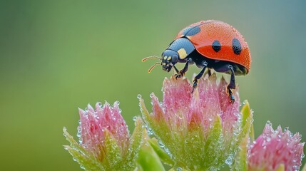 A few ladybugs atop a water-dotted flower on a sunlit day