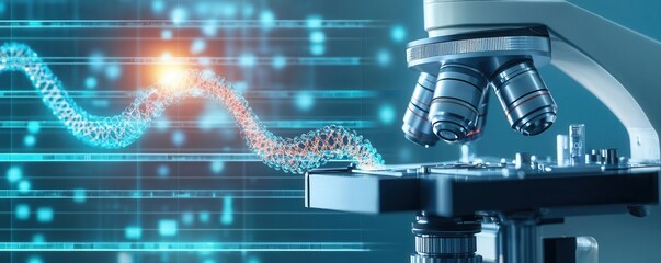 Microscope image of modified DNA strands displayed on advanced digital equipment in a biotech lab