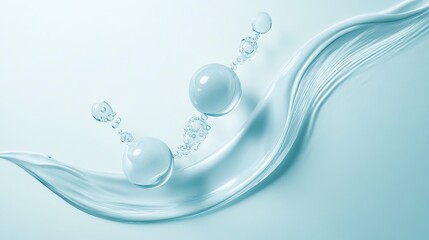 Elegant cosmetic product poster featuring water droplets and bubbles against a soft blue background in a minimalist design