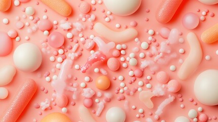 A pink background with a variety of candy and gummy bears scattered across it