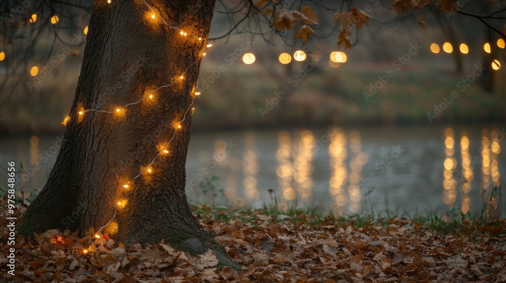 Poster sparse autumn tree with glowing string lights wrapped around its branches