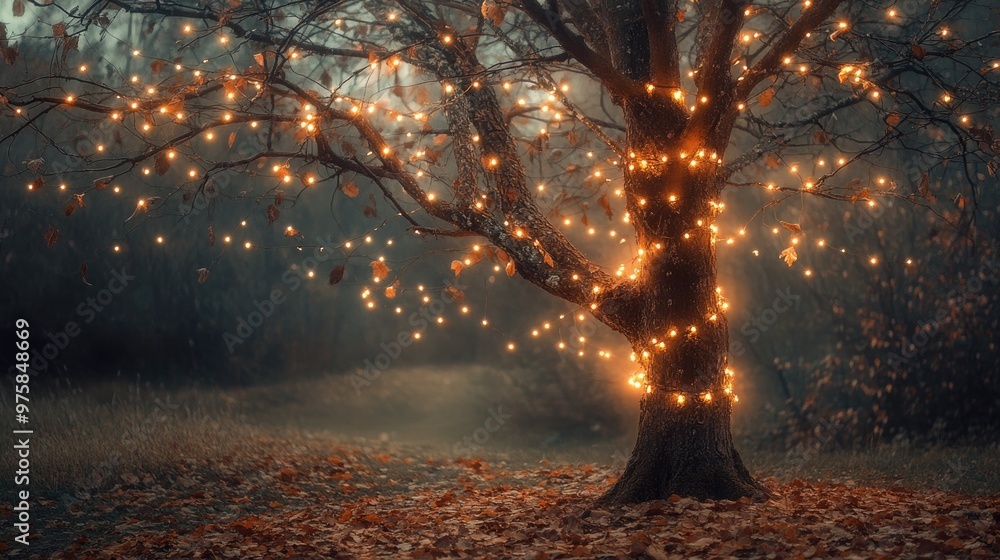 Poster sparse autumn tree with glowing string lights wrapped around its branches