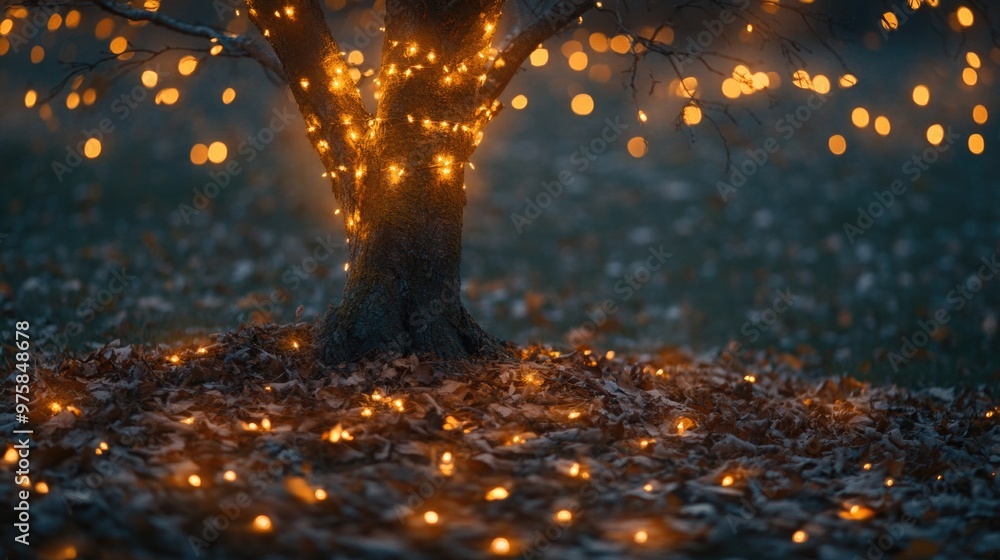 Poster sparse autumn tree with glowing string lights wrapped around its branches