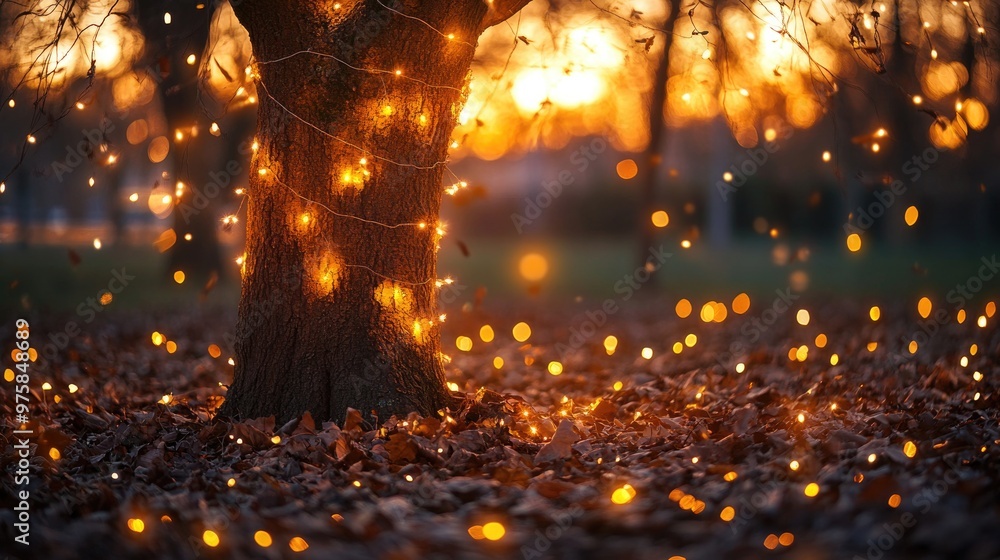 Poster sparse autumn tree with glowing string lights wrapped around its branches
