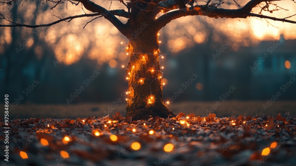 Poster sparse autumn tree with glowing string lights wrapped around its branches