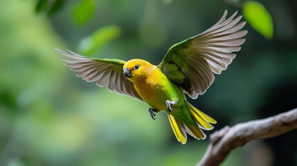  A yellow-green bird flaps wings on a branch against a green, leafy backdrop