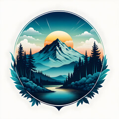 Stylized Mountain Landscape with Sunset and River
