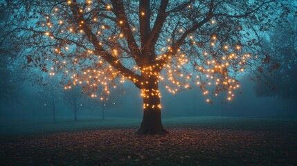 Sparse autumn tree adorned with warm glowing lights