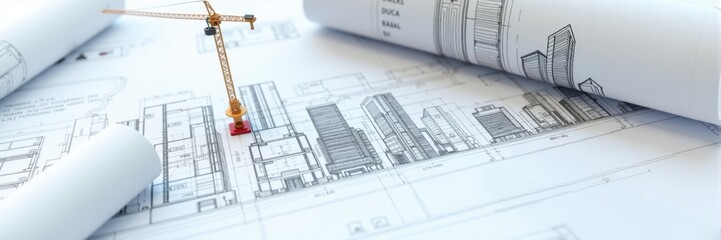 Detailed architectural blueprints and construction tools symbolize innovation in building design and project management.