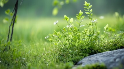  A tight shot of a plant rooted in a rock, amidst a hazy expanse of grass