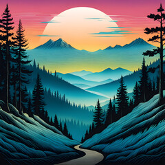 Vibrant Sunset Behind Jagged Mountain Peaks