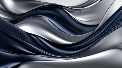 Obraz premium A sleek abstract design where silky waves in charcoal grey and navy blue flow through a metallic silver background, creating a modern and sophisticated look.
