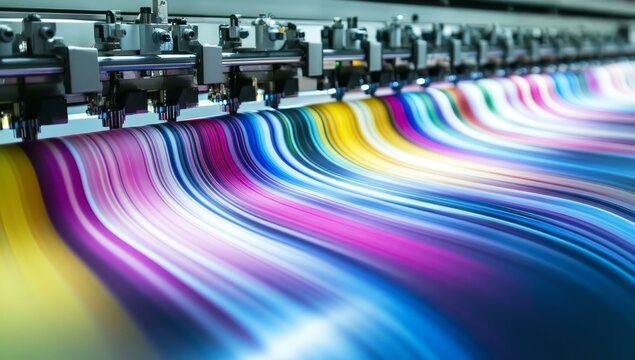 A large-format printing machine printing colorful stripes.