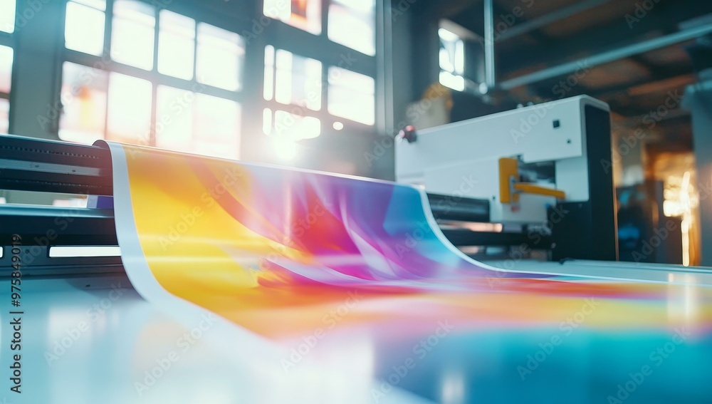 Poster colorful printed material exiting a large printer.