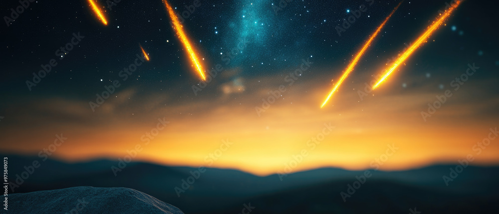 Poster cosmic cascade, a breathtaking display of meteor showers blazing through a twilight sky above distan