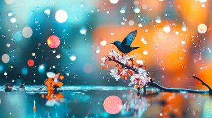 Naklejka premium A bird perched on a tree branch, overhanging water, dotted with beads of dripping drops