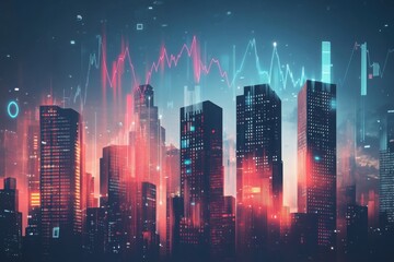 Obraz premium Digital Stock Market Graph Over City Skyline