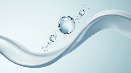 Elegant cosmetic product poster featuring water droplets and bubbles against a soft blue background in a minimalist design