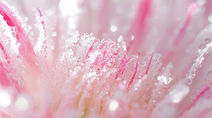  A tight shot of a pink-white bloom, adorned with water beads on its petals, reveals the flower's heart