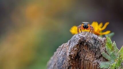  A detailed shot of a bug perched on a tree stump A yellow flower lies nearby, sharp in focus Background softly blurred