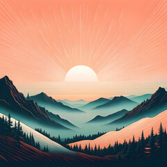 Radiant Mountain Landscape with Vibrant Sun